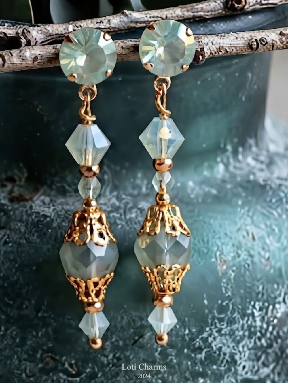Victorian Delicate & Dainty Eucalyptus Green Opal Swarovski & Glass GP Earrings